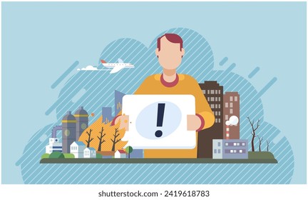 Stop industrial pollution concept ecological awareness poster with male volunteer calls for save earth, protect planet. Environmental problem, dirty ecology, ecological disaster, toxic waste