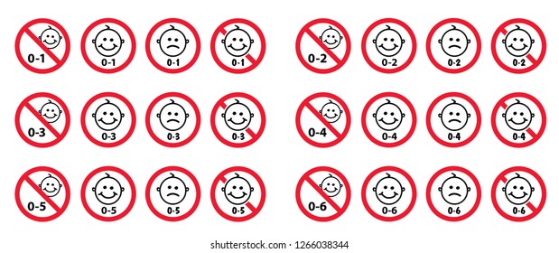 Stop inedible 0, 1, 2, 3, 4, 5, 6 plus under only years old sign Set vector not suitable for kids under specific age limit signs Kid, child or no baby content icon Children symbol icons Warning