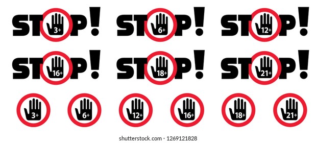 Stop Inedible 3, 6, 12, 16, 18, 21 Plus Under Only Years Old Sign Set Vector Not Suitable For Kids Under Specific Age Limit Signs Kid, Child Or No Baby Content Icon Children Symbol Icons Warning