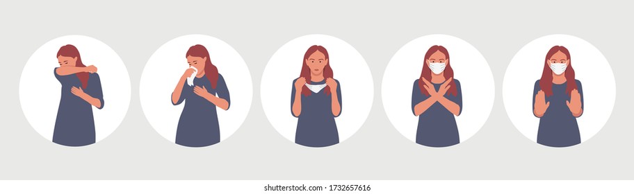 Stop the infection. Health care concept. Vector illustration in a flat style isolated on white. Woman with worry gesture. Icons of women wearing masks.  - Shutterstock ID 1732657616