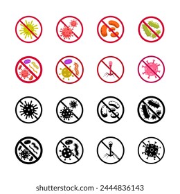 Icono Detener infección. Detener conjunto de iconos de infección. Estilo plano y silueta.
