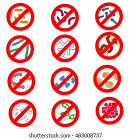 Stop the infection, a set of vector icons of different micro-organisms and bacteria are wiped out, hygiene