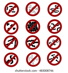 Stop the infection, a set of vector icons of different micro-organisms and bacteria are wiped out, hygiene