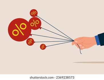 Stop inflation, Inflation bubble. Hand tries to pull down many inflation balloons. Flat vector illustration