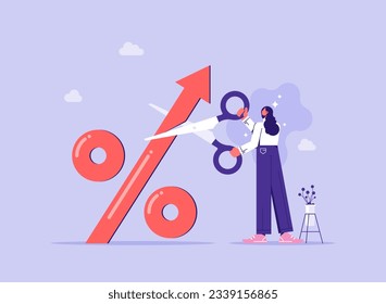 Stop Inflation concept, high interest rate on loans, economic crisis, central bank raised interest rate to curb soaring inflation, businessman cuts percentage mark with scissors
