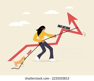 Stop inflation. Economic crisis, Fed raised the Central Bank. Business Woman and dog are pulling a percentage mark to change graph direction. Vector illustration for Web Banner, Infographics, Mobile