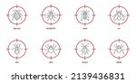 Stop insect icon set. Pest Control icons set on red target. Insects at gunpoint. Bed bug, mosquito, wasp, fly, ant, mite, roach, and spider symbols. Flat vector illustration.