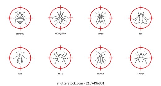 Stop insect icon set. Pest Control icons set on red target. Insects at gunpoint. Bed bug, mosquito, wasp, fly, ant, mite, roach, and spider symbols. Flat vector illustration.