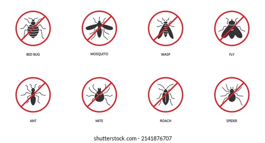 Detener conjunto de iconos de insectos. Iconos de control de plagas establecidos. Siluetas de pestes. Bicho de cama, mosquito, avispa, mosca, hormiga, ácaro, cucaracha y símbolos de araña. Ilustración vectorial plana.