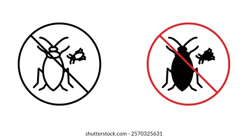 Stop insect signs vectors set in black. line and flat versions