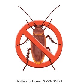 Stop insects sign. Cockroach in red forbidding circle, vector