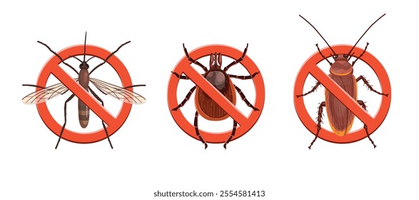 Stop insects sign. Mosquito, tick, cockroach in red forbidding circle, vector