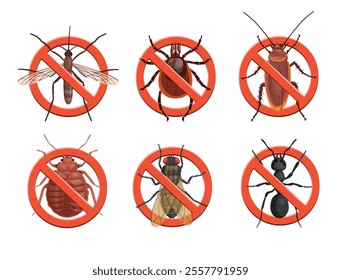 Stop insects sign. Mosquito, tick, cockroach in red forbidding circle, bed bug, fly, ant. vector