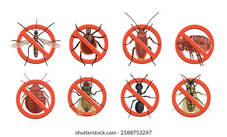 Stop insects sign. Mosquito, tick, cockroach in red forbidding circle, flea insec. t vector