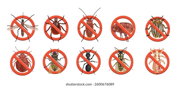 Stop insects sign. Mosquito, tick, cockroach in red forbidding circle, flea insec. vector