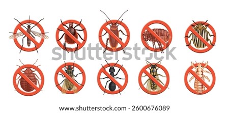 Stop insects sign. Mosquito, tick, cockroach in red forbidding circle, flea insec. vector