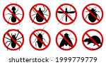 Stop insects. Сockroaches, spiders, fly,mite, ticks, mosquitoes, ants, rats, bug silhouettes.  Warning prohibited sign, anti insect vector icons