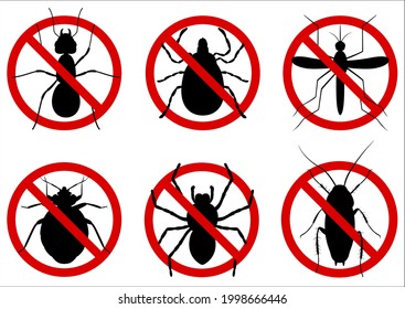 Stop insects. Сockroaches, spiders, mite, ticks, mosquitoes, ants, bug silhouettes.  Warning prohibited sign, anti insect vector icons