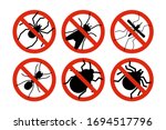 Stop insects. Tick, bugs and mosquito silhouettes. Warning prohibited sign, anti insect vector icons