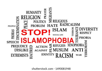 Stop Islamophobia Word Cloud For Campaign, Isolated On White Background