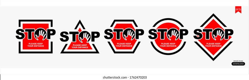 Halte die soziale Distanz auf, Vektor. Halte das rote Symbol auf! Unterschreiben Sie Stopp, halten Sie Distanz. Handbild mit Stoppsymbol