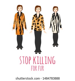 Stop killing animals for fur vector illustration. Woman wear fur coat made from wild animals. Nature animal protection and protest wearing fur. Saving life concept.