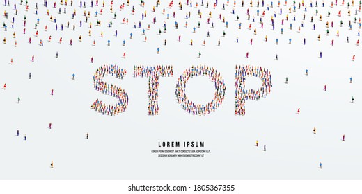 Stop. Large group of people form to create Stop. vector illustration.