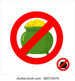 Stop leprechaun gold. Forbidden flower pot with golden coins. Frozen elf treasure. Emblem against mythical money. Red forbidding character. Ban for golds cash