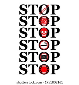 Stop lettering, virus, smoking, skull on a white background, signs for design, vector illustration