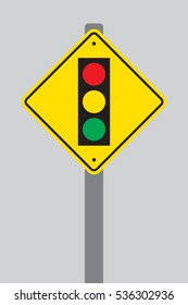 A stop light warning sign on a pole over a simple grey background.
