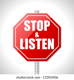 Stop and listen traffic sign on white