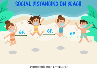 Stop lockdown time to travel people go to the beach and keep social distancing for safe from coronavirus.vector illustration 