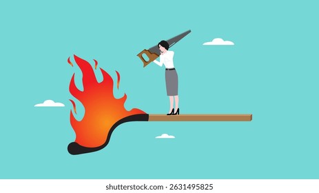 Verlust zu stoppen, um einen Marktabsturz oder Bankenzusammenbruch zu vermeiden, Vermögenswerte vor der Finanzkrise oder der wirtschaftlichen Rezession zu retten, Frau, die sich darauf vorbereitet, brennende Streichhölzer zu schneiden, damit das Feuer andere nicht verbrennt