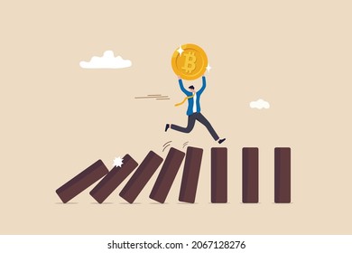 Stop loss or cut loss from Bitcoin and cryptocurrency collapse, trader technical analysis, escape or avoid investment risk, businessman investor carrying bitcoin running away from collapse domino.