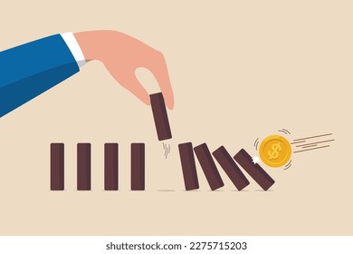 Stop loss or effort to avoid market crash or banking collapse, economic recession, problem prevention, help or rescue concept, businessman hand stop domino effect or financial chain reaction collapse.