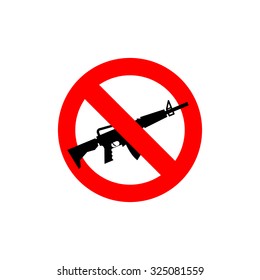 Stop machine gun. It is forbidden to shoot. Frozen silhouette military accessory. Against war emblem. Red forbidding character. Ban army M16