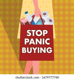 Stop making panic buying.  A woman hand holds a grocery bag filled with lots of groceries and household supplies.