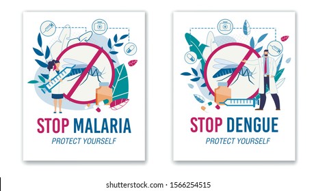 Stop Malaria and Dengue. Protective Sign No Mosquitos. Specialist Offering Vaccine Against Insects Bites. Tertian and Yellow Fever Protection. Promotion Flat Poster Set. Vector Cartoon Illustration