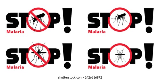 Stop malaria, zika or dengue no mosquito bite and infection. World malaria day, april. Funny vector insects for preventie. Insect virus icons or signs ideas. Warning medical attention, caution parasit