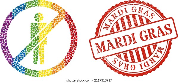 Stop man composition icon of spheric blots in variable sizes and spectrum colored color hues. Red round distress seal stamp with Mardi Gras message. A dotted LGBT- colored stop man for lesbians, gays,