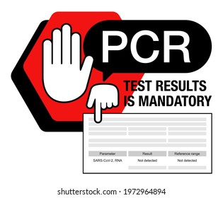 Stop - Mandatory PCR Testing Medical Certificate For Border Crossing. Hand Holding Paper With International Barrier. Vector Illustration.