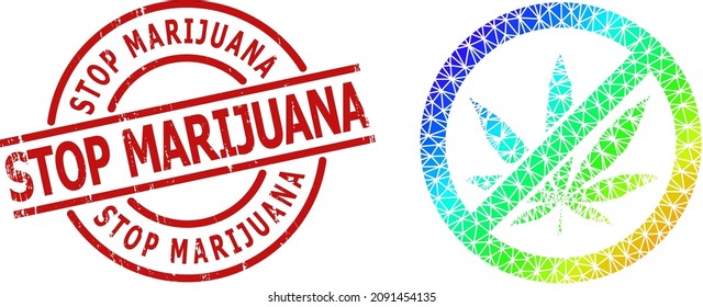 STOP MARIJUANA corroyó la estampación, y color arcoiris bajo prohibió el ícono de cannabis con gradiente. El sello rojo contiene la leyenda Stop Marihuana en forma de redondo y líneas.