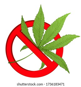 Stop marijuana. Vector cannabis leaf forbidding sign isolated on white. Green cannabis leaf in red circle as prohibition symbol or narcotic pictogram. Ban hemp icon. Prohibition bad human habit symbol