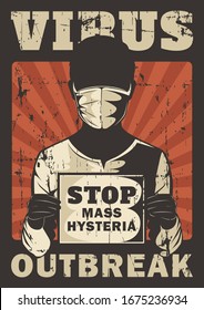 Stop Mass Hysteria Corona Virus Covid 19 Outbreak Propaganda Signage Poster Retro Rustic Vector