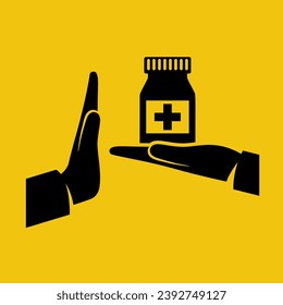 Stop medicines black icon. Refusal of the medicine. No pills. Person refuses treatment with pills. Vector illustration flat design. Isolated on white background. Stop gesture. 