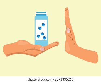 Stop medicines. Refusal of the medicine. No pills. Person refuses treatment with pills. Vector illustration flat design. Isolated on white background. Stop gesture.	
