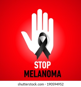 Stop Melanoma sign.  White hand with black ribbon on red background