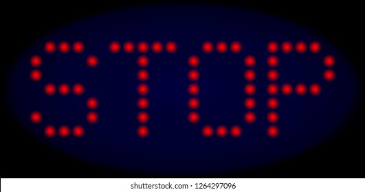 Stop message in LED style with round glowing dots. Vector light red symbols forms Stop message on a dark blue background. Digital font with circle elements.