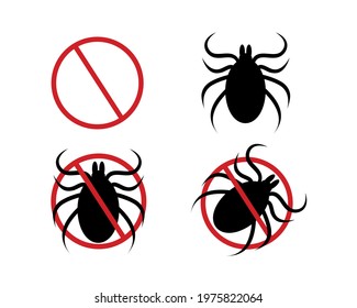 Stop mite icon set. Red forbidden sign, tick silhouette and two variations of pictogram for insect spray killer repellent isolated on white background. Vector flat illustration.