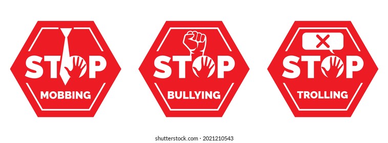 Stop mobbing, bullying trolling vector. Stop red icon. Sign Stop, keep distance. Hand illustration with stop symbol